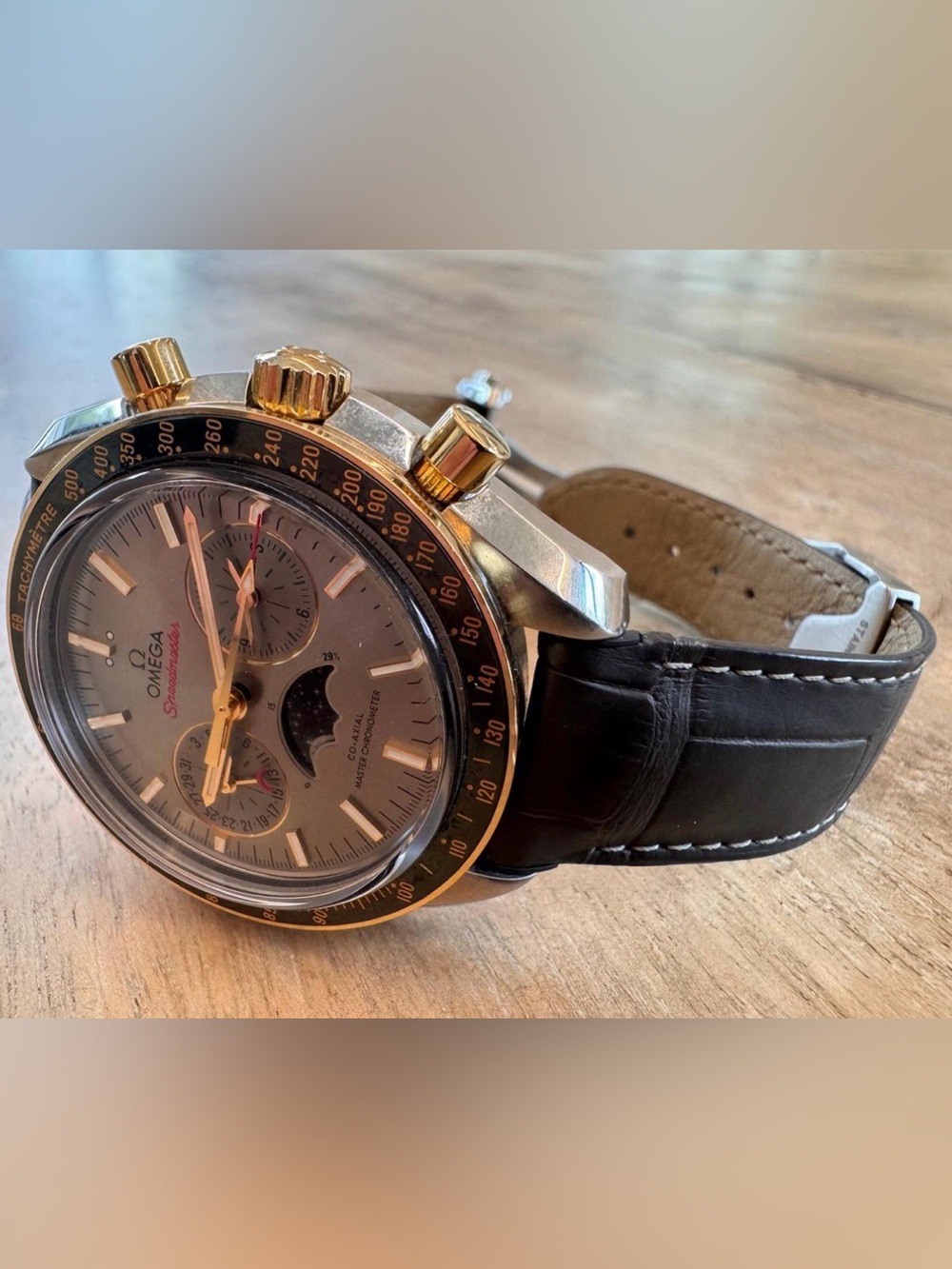 Omega Moonphase Luxury Men's Black Leather Strap Chronograph Watch